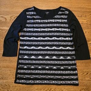 Ann Taylor LOFT Shirt Womens L Navy White Stripes Lace 3/4 sleeve 100% cotton